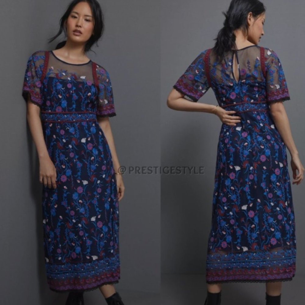 EUC Anthropologie Mehreen Embroidered Floral Midi Dress, Size 4